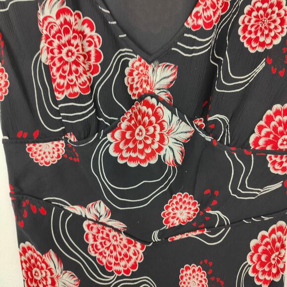 Vintage INC International Concepts Midi Dress Size 6 Black Red‎ Floral 100% Silk - Picture 3 of 9